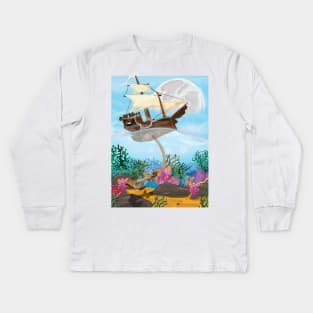 Sailing Ship on the Coral Sea Kids Long Sleeve T-Shirt